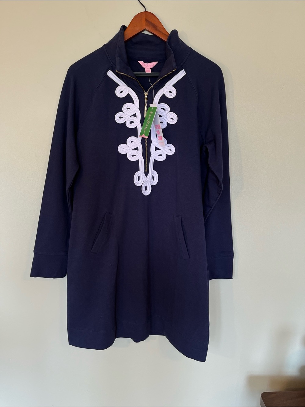 NWT Lilly Pulitzer Skipper Solid Popover Dress True Navy White Soutache Size L